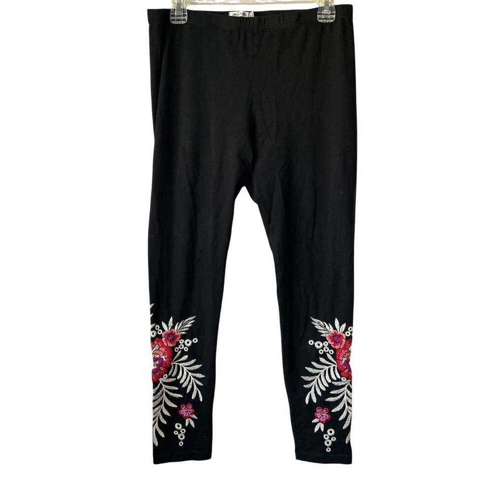 JW Los Angeles‎ Black Floral Embroidered Leggings Womens Size Medium Boho Pants
